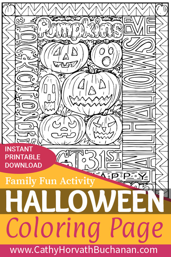 halloween pumpkins words coloring page by cathy horvath buchanan