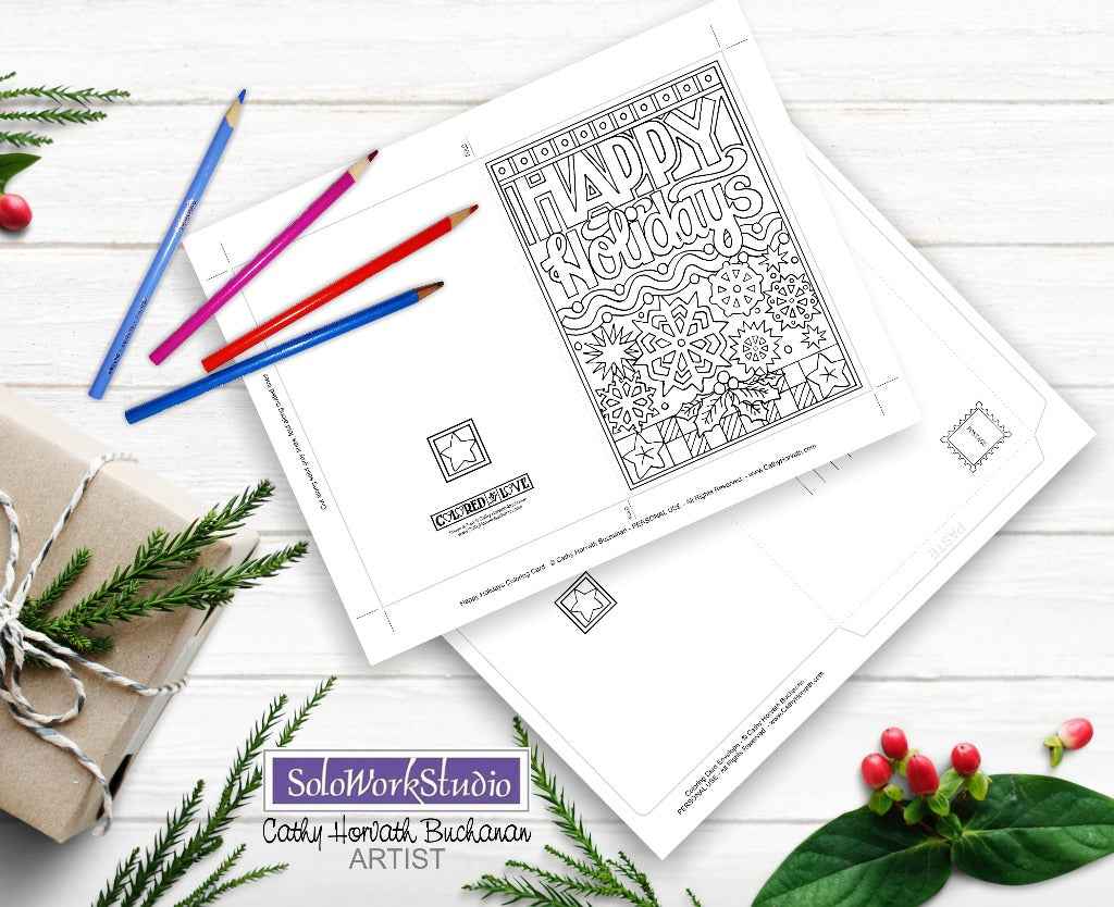 Christmas Holiday Coloring Cards 4 Set Kit + Envelope, PDF Download by Cathy Horvath Buchanan