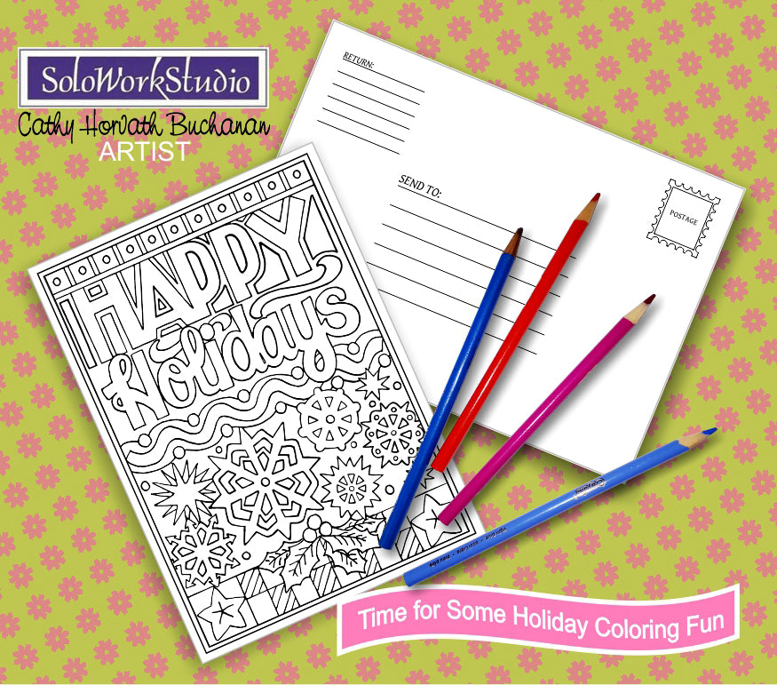 Christmas Holiday Coloring Cards 4 Set Kit + Envelope, PDF Download by Cathy Horvath Buchanan