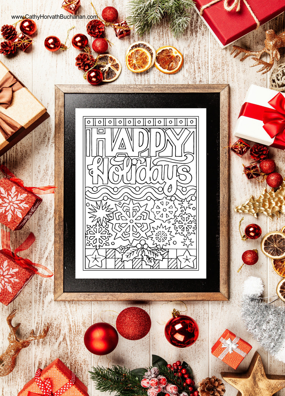 Happy Holidays Snowflake Coloring Page, PDF Download Printable by Cathy Horvath Buchanan