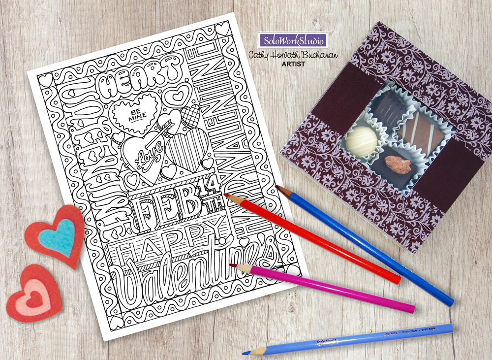 Valentine 4 pack Coloring Pages, Romantic PDF Instant Printable Download Cathy Horvath Buchanan