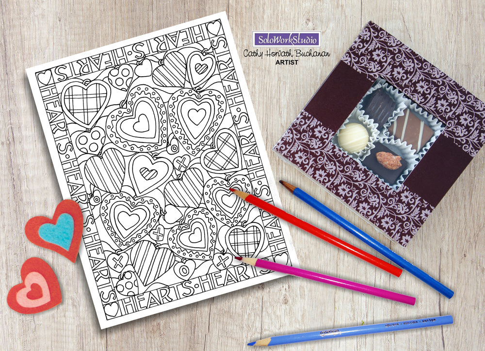 Valentine 4 pack Coloring Pages, Romantic PDF Instant Printable Download Cathy Horvath Buchanan