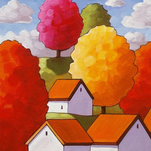 Fall Tree Road 14x18 Original Painting by Cathy Horvath Autumn Landscape Folk Art Cottage Road, Acrylic on Canvas, Ready to Hang - SoloWorkStudio - 4
