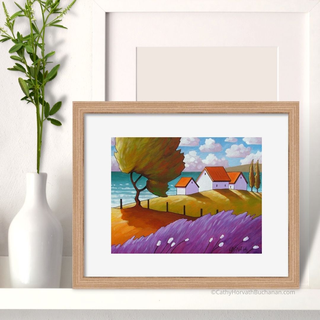 Lavender Windy Tree Coastal Art Print, Seaside Cottage Landscape Giclee by artist Cathy Horvath Buchanan