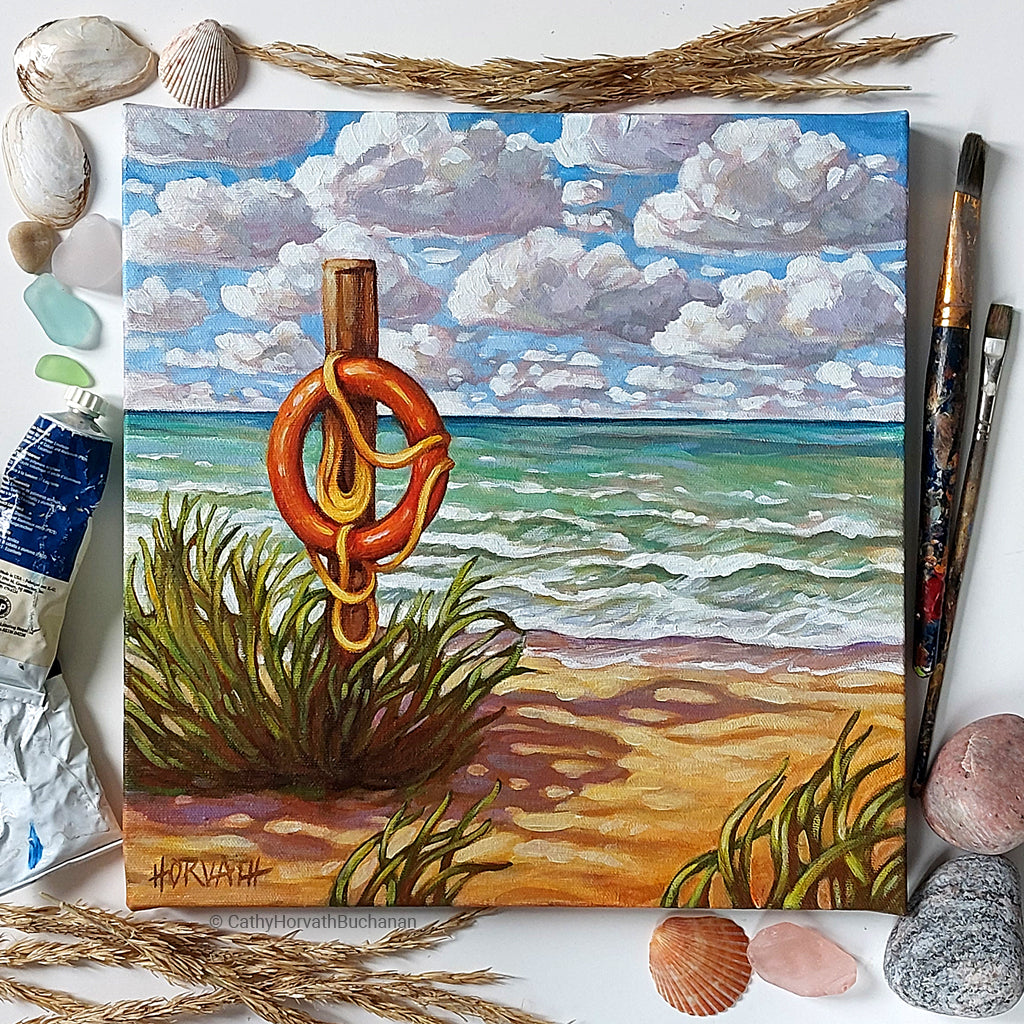 Erie Rest Life Preserver - Original Painting by artist Cathy Horvath Buchanan flatlay