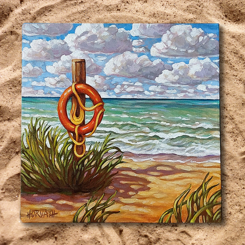 Erie Rest Life Preserver - Original Painting by artist Cathy Horvath Buchanan on sand
