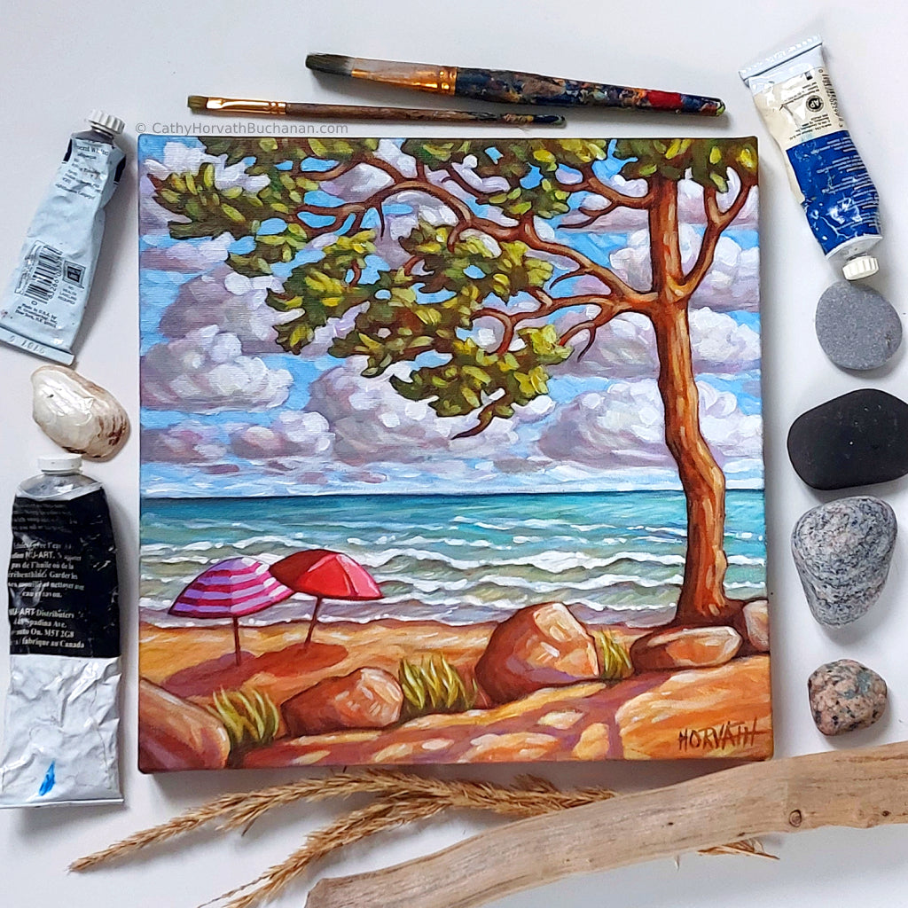 Little Beach Umbrellas- Original Painting flatlay