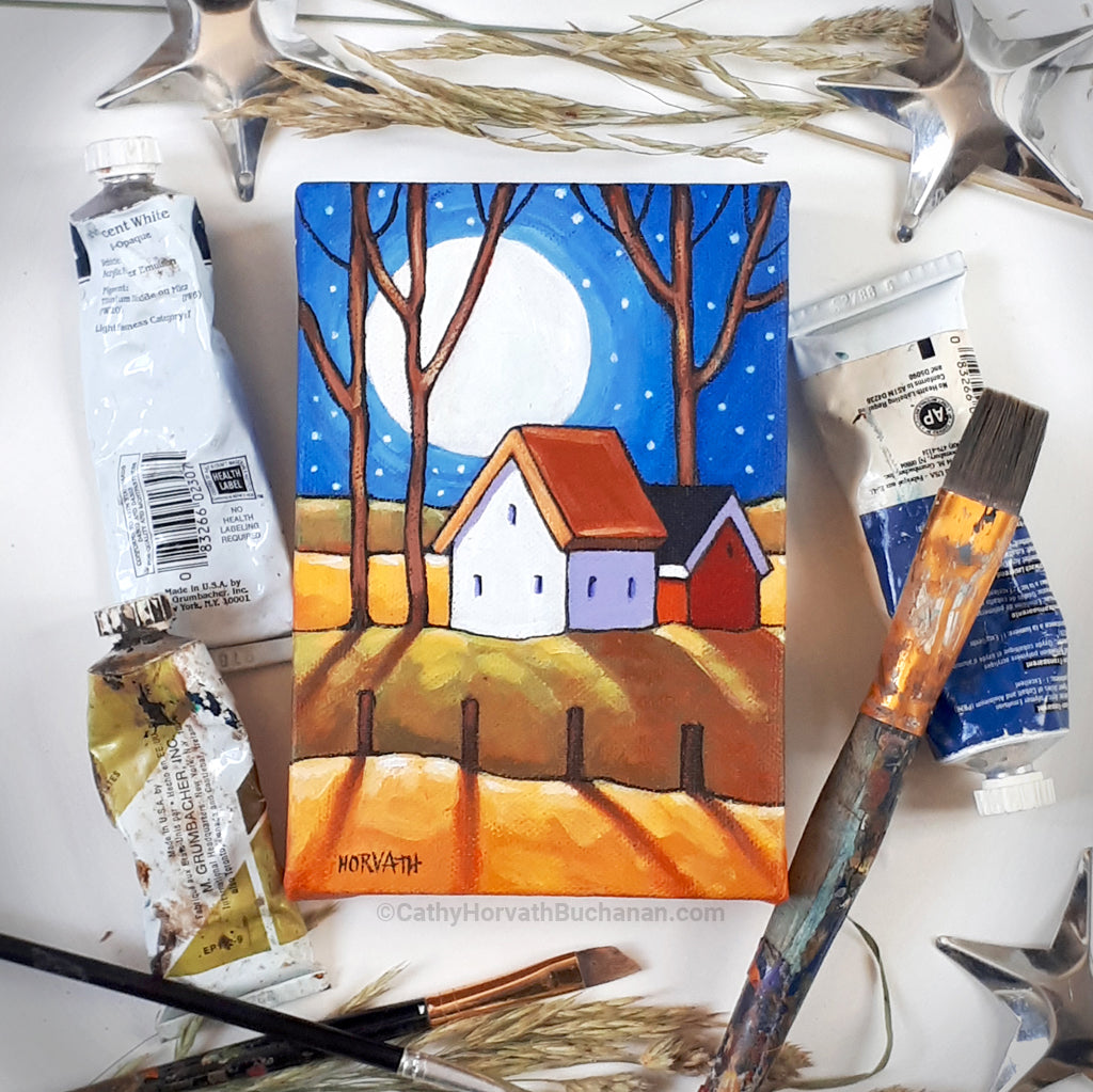 Little Blue Moonrise 4x6 Original Painting