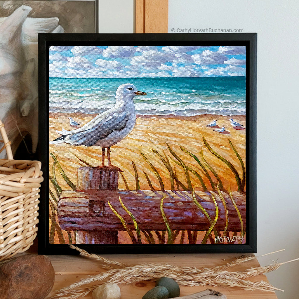 Main Beach Seagull, Horizons Original Painting 12x12