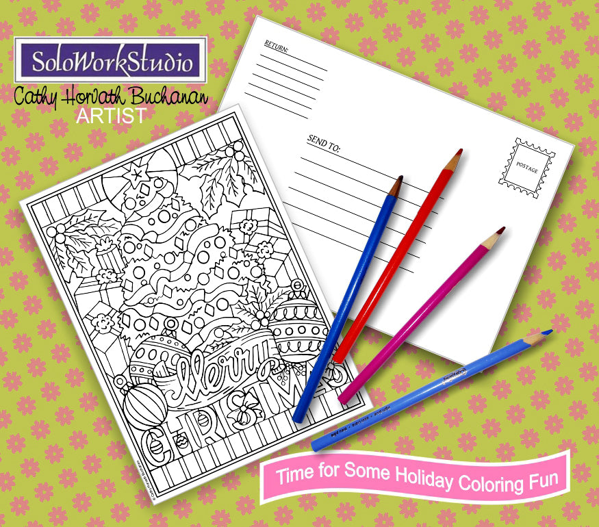 Christmas Holiday Coloring Cards 4 Set Kit + Envelope, PDF Download by Cathy Horvath Buchanan