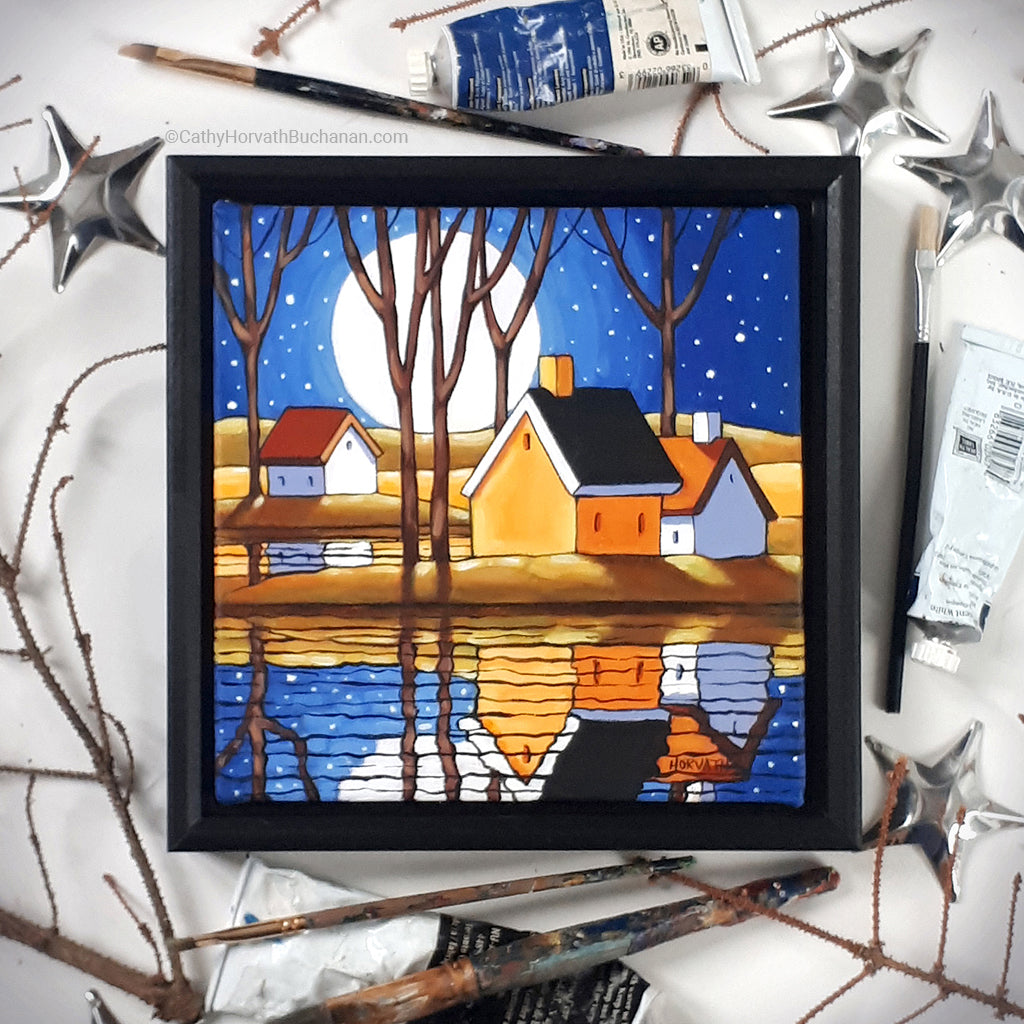 Moonrise Reflection, Framed Original Painting 8x8