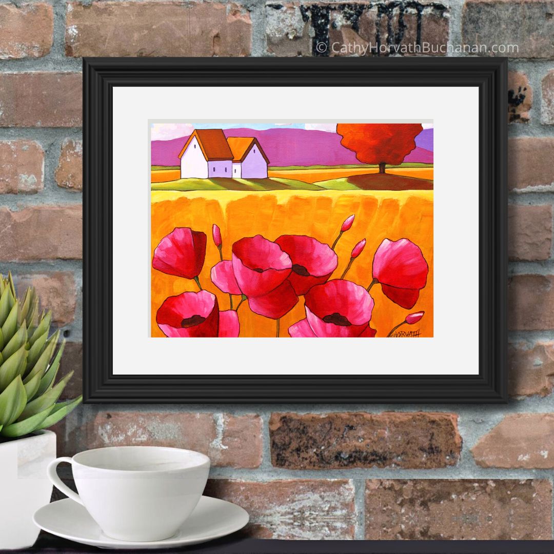 Pink Poppies Yellow Grass Folk Art Print, Summer Flowers Country Fields Giclee by artist Cathy Horvath Buchanan
