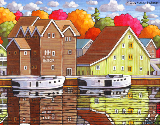 Port Stanley Inn on the Harbor, Scenic Coastal Lake View Folk Art Print by artist Cathy Horvath Buchanan