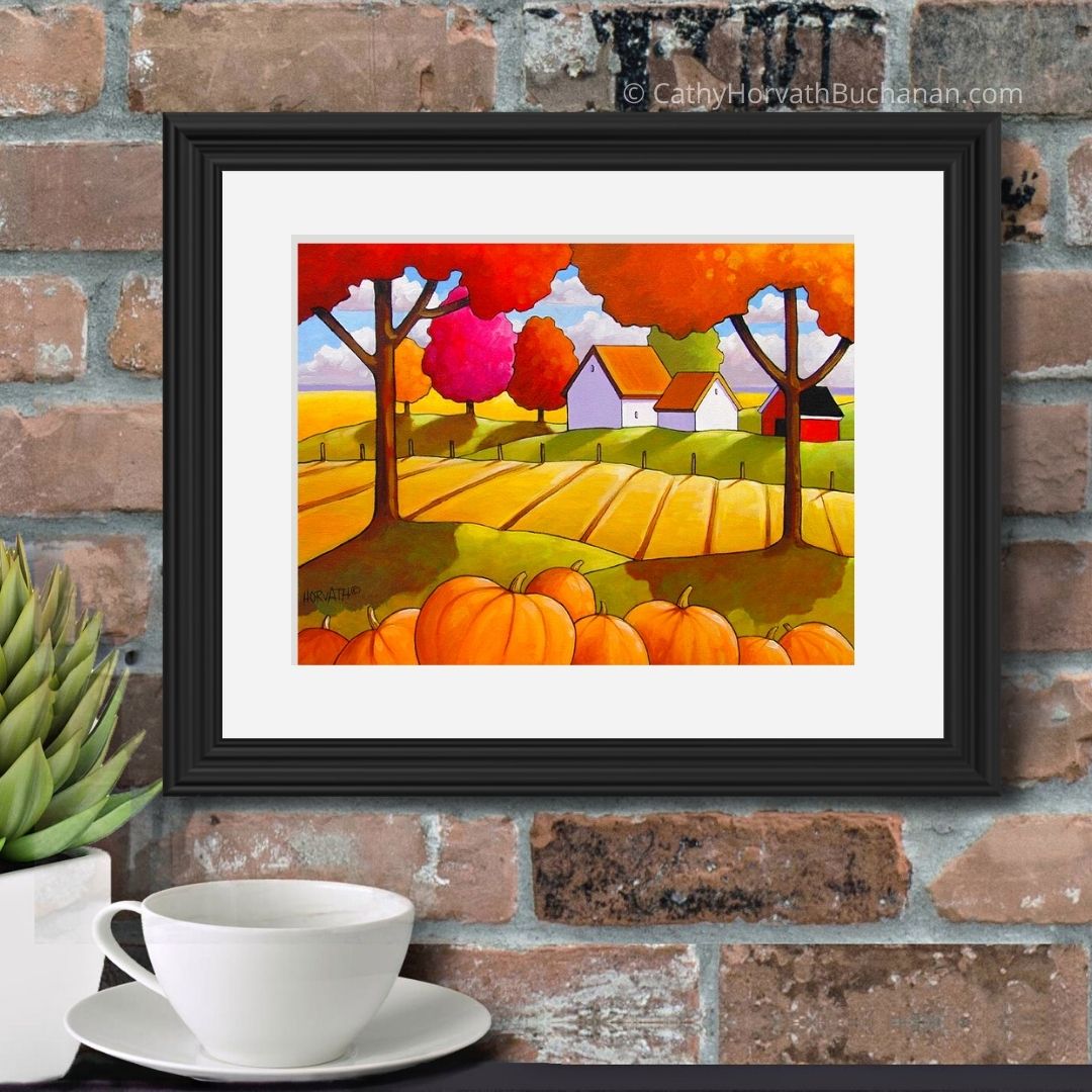 Pumpkins Landscape Folk Art Print, Farmhouse Country Decor by artist Cathy Horvath Buchanan