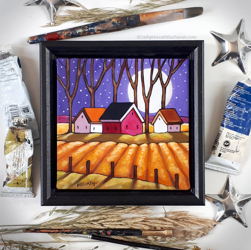 Purple Night Country Fields, Framed Original Painting 6x6