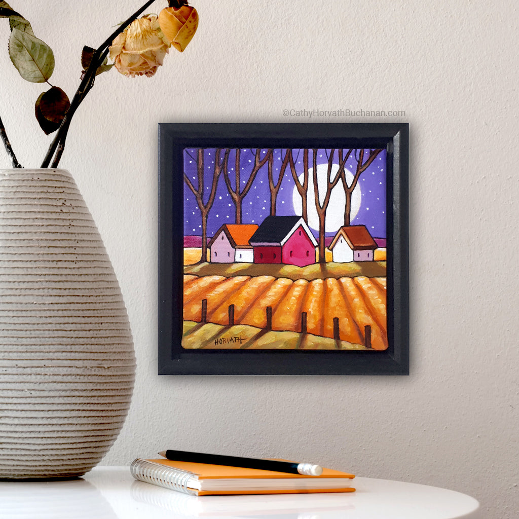 Purple Night Country Fields, Framed Original Painting 6x6