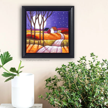 Purple Night Country Road, Framed Original Painting 6x6