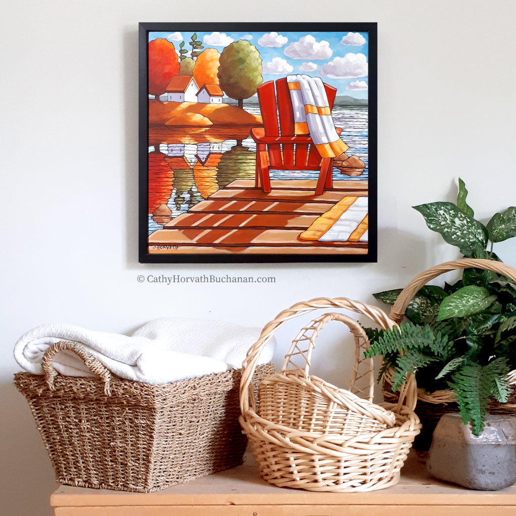 Red Deck Chair Water View Framed Original Painting, Seascape 18x18 by artist Cathy Horvath Buchanan