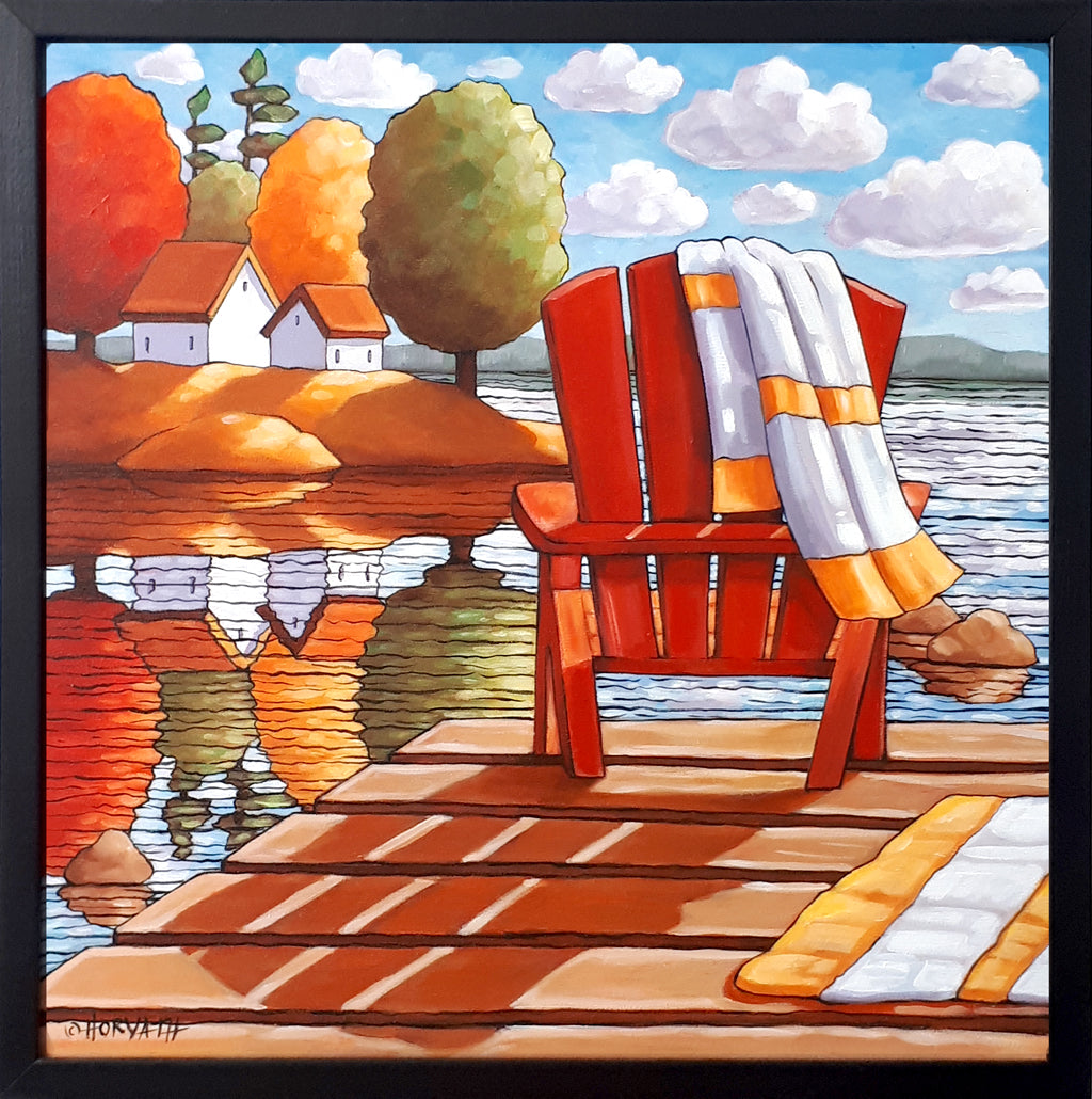 Red Deck Chair Water View Framed Original Painting, Seascape 18x18 by artist Cathy Horvath Buchanan