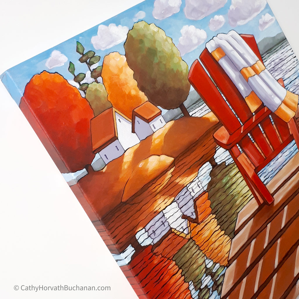 Red Deck Chair Water View Framed Original Painting, Seascape 18x18 by artist Cathy Horvath Buchanan