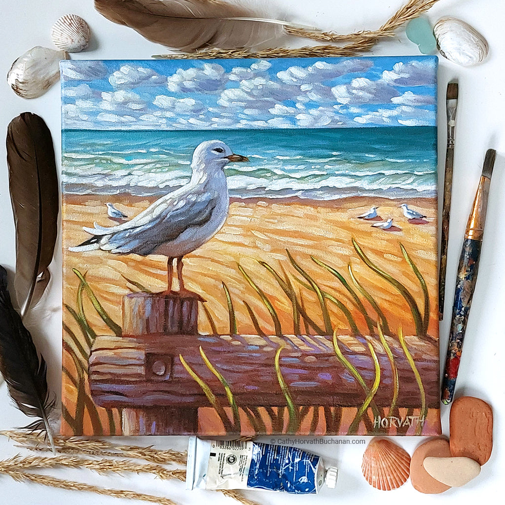Main Beach Seagull, Horizons Original Painting 12x12