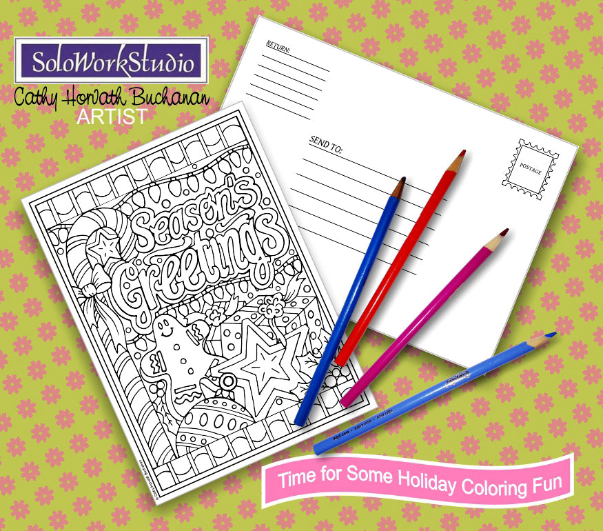 Christmas Holiday Coloring Cards 4 Set Kit + Envelope, PDF Download by Cathy Horvath Buchanan