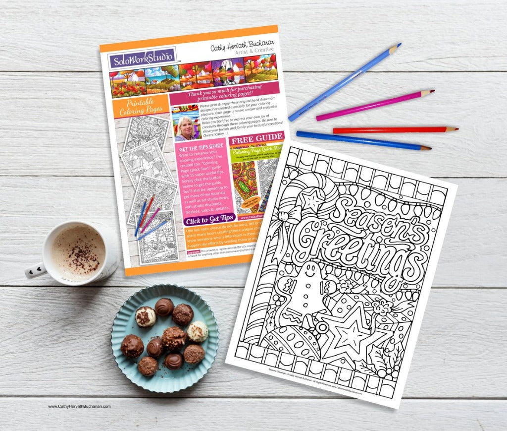 Christmas Holiday Coloring Pages 4 pack, Coloring Book, PDF Download Printable by Cathy Horvath Buchanan