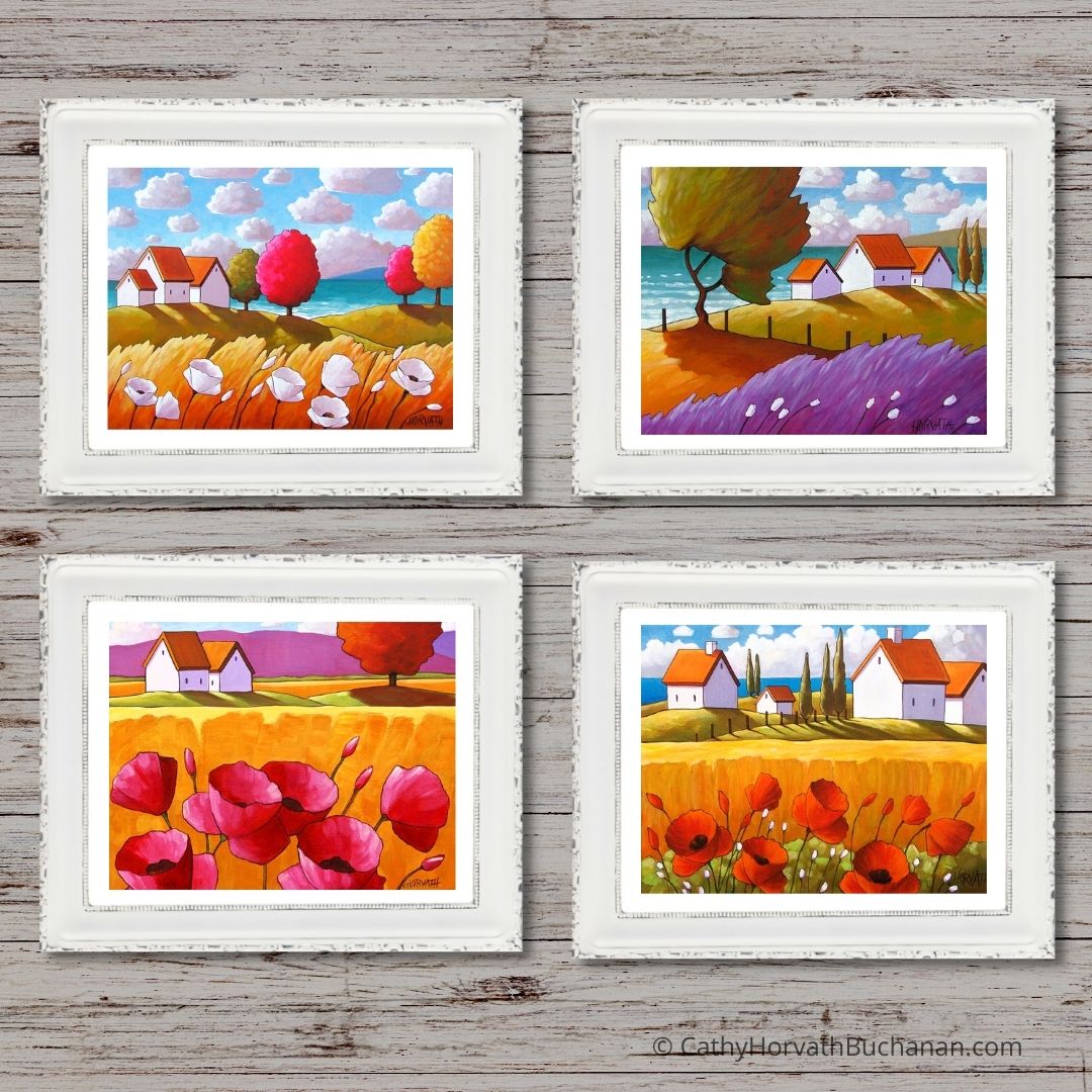 Set of 4 Art Prints, 5x7 Summer Flower Coastal Folk Art Giclee, Tall Grass Ocean Landscape, Archival Art Print Collection by Cathy Horvath Buchanan