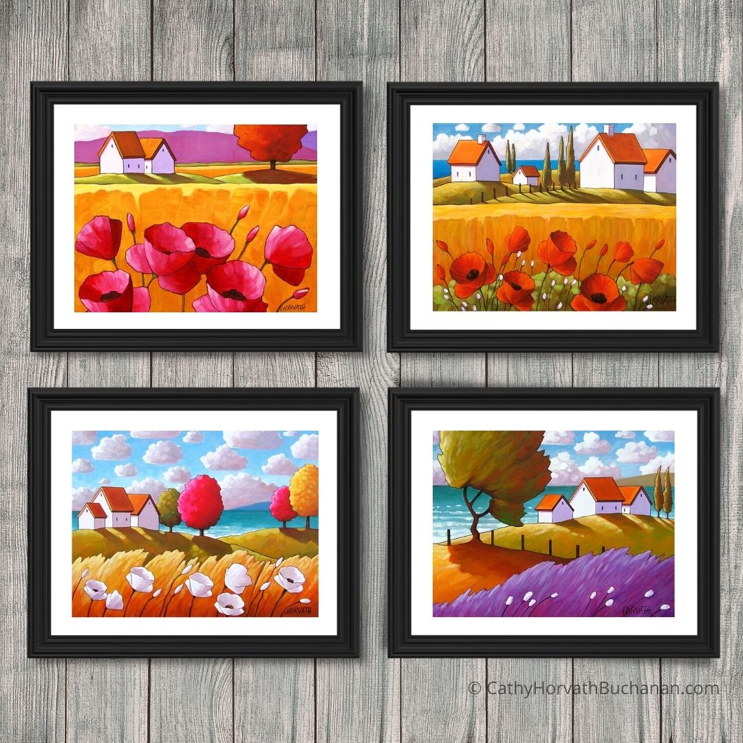 Set of 4 Art Prints, 5x7 Summer Flower Coastal Folk Art Giclee, Tall Grass Ocean Landscape, Archival Art Print Collection by Cathy Horvath Buchanan