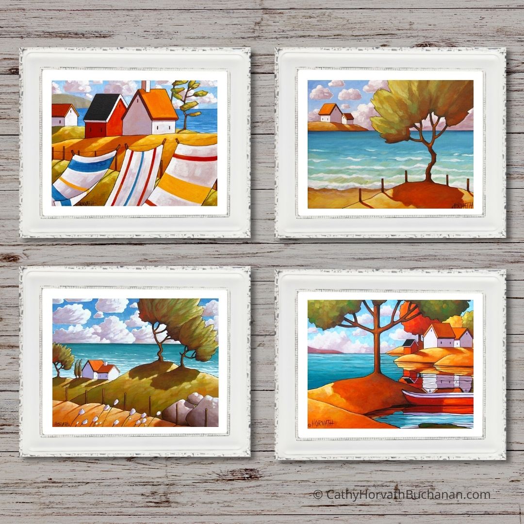 5x7 Set of 4 Coastal Beach Scenes Art Prints, Summer Seascape Collection