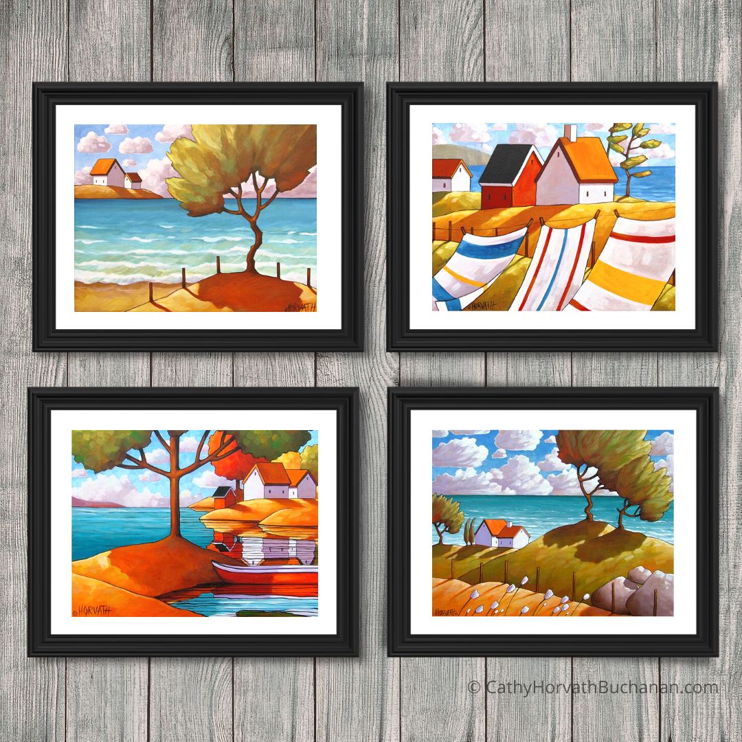 5x7 Set of 4 Coastal Beach Scenes Art Prints, Summer Seascape Collection