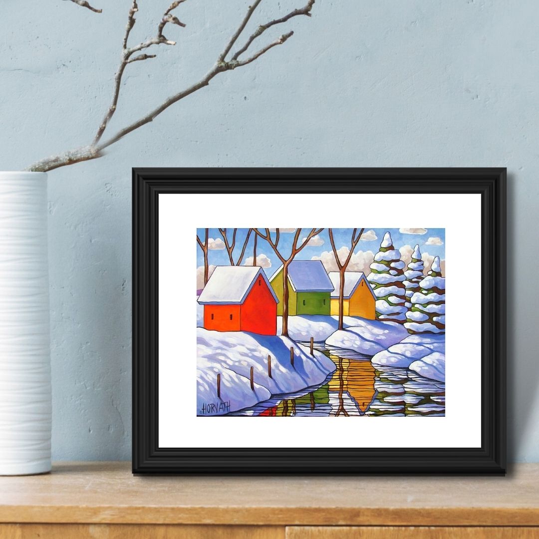 Snowy Day, Winter Stream Reflection Art Print, Christmas Day Giclee by artist Cathy Horvath Buchanan