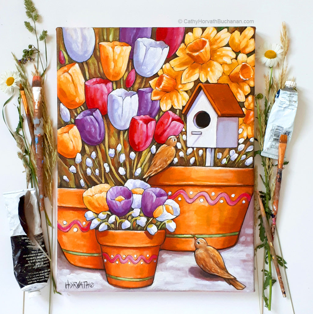 Spring Birds Flower Pots - Original Painting by artist Cathy Horvath Buchanan