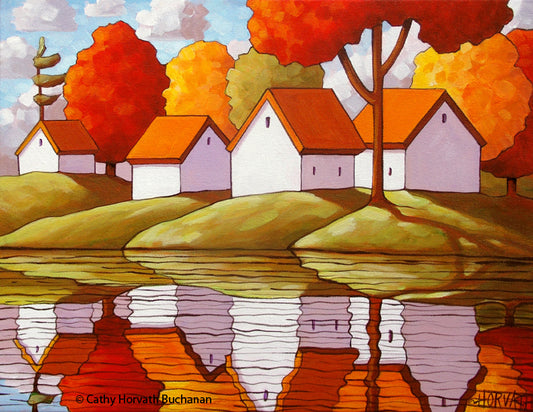 Summer Cottage View, Folk Art Print Landscape Giclee by artist Cathy Horvath Buchanan