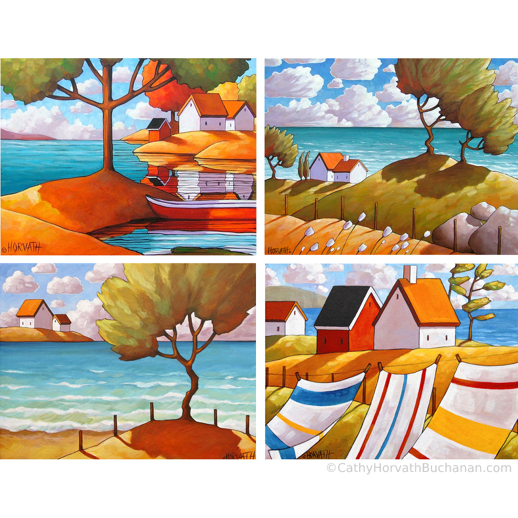 5x7 Set of 4 Coastal Beach Scenes Art Prints, Summer Seascape Collection