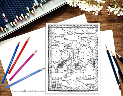 Town Country Folk Art Scenes Coloring Pages 10 Pack , PDF Printable Download