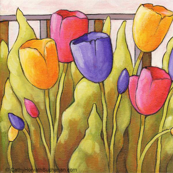 tulips fence countryside painting detail 2 by cathy horvath buchanan