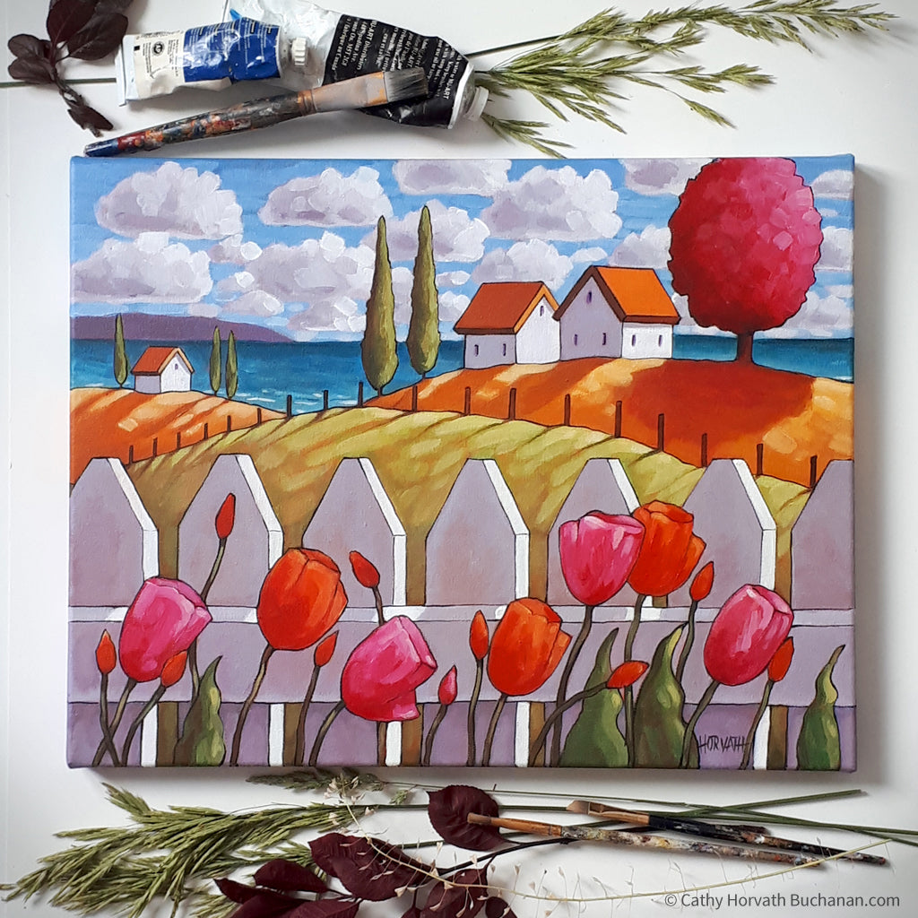 Seaside Tulips Fence Framed Original Painting, Coastal 14x18 by artist Cathy Horvath Buchanan