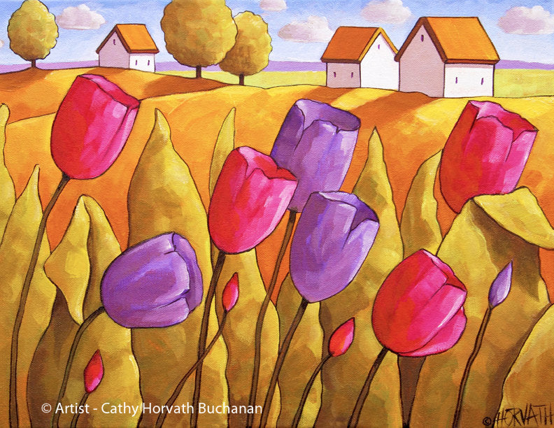 Pink Purple Spring Tulips Landscape, Flower Garden Folk Art Print, Easter Giclee by artist Cathy Horvath Buchanan