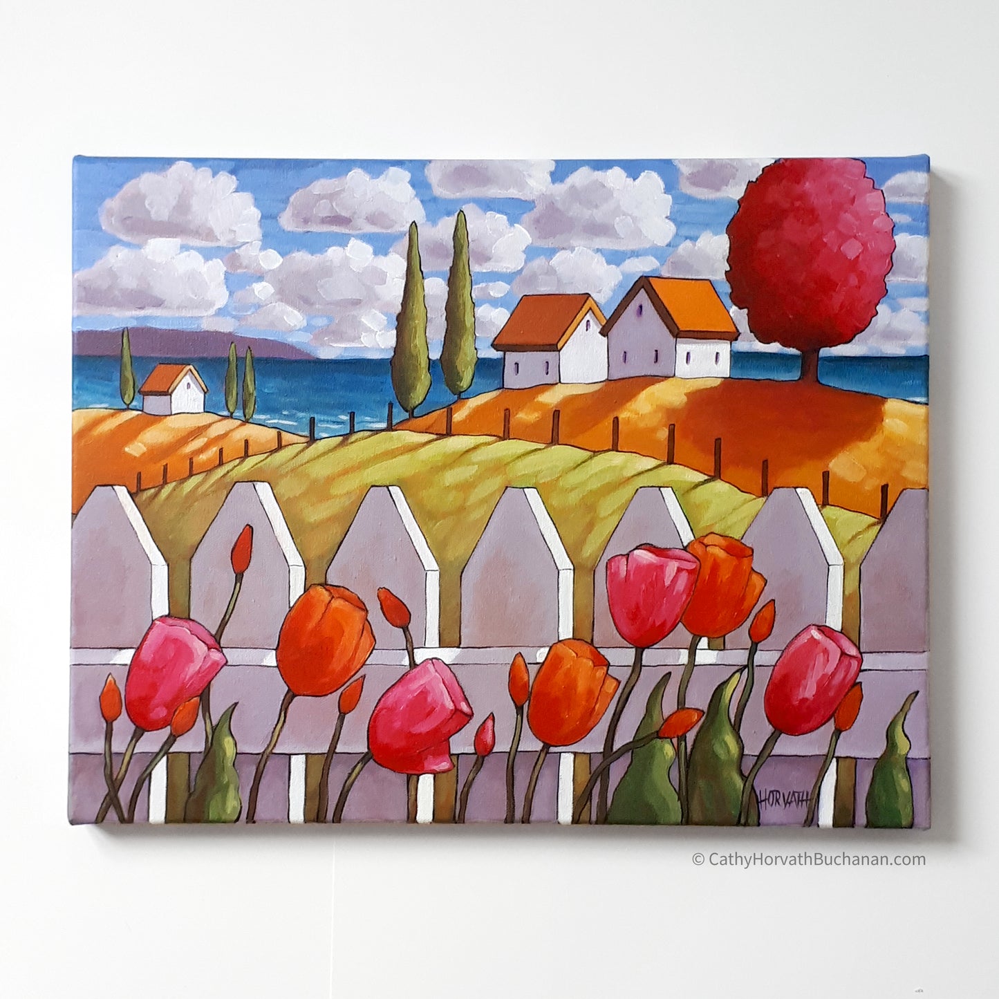 Seaside Tulips Fence Framed Original Painting, Coastal 14x18 by artist Cathy Horvath Buchanan