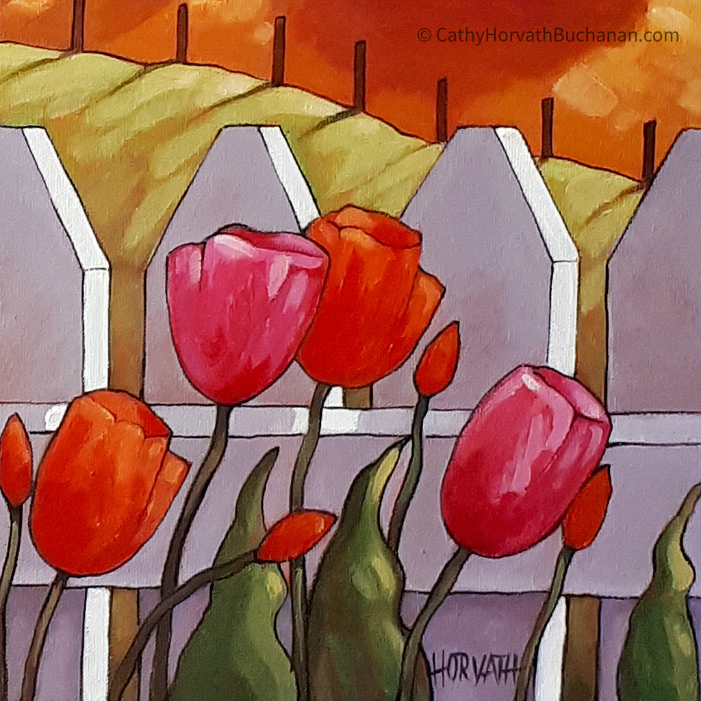 Seaside Tulips Fence Framed Original Painting, Coastal 14x18 by artist Cathy Horvath Buchanan