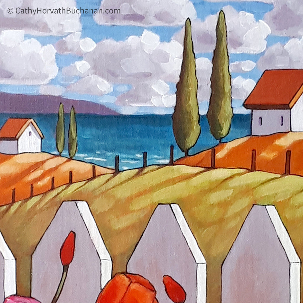 Seaside Tulips Fence Framed Original Painting, Coastal 14x18 by artist Cathy Horvath Buchanan