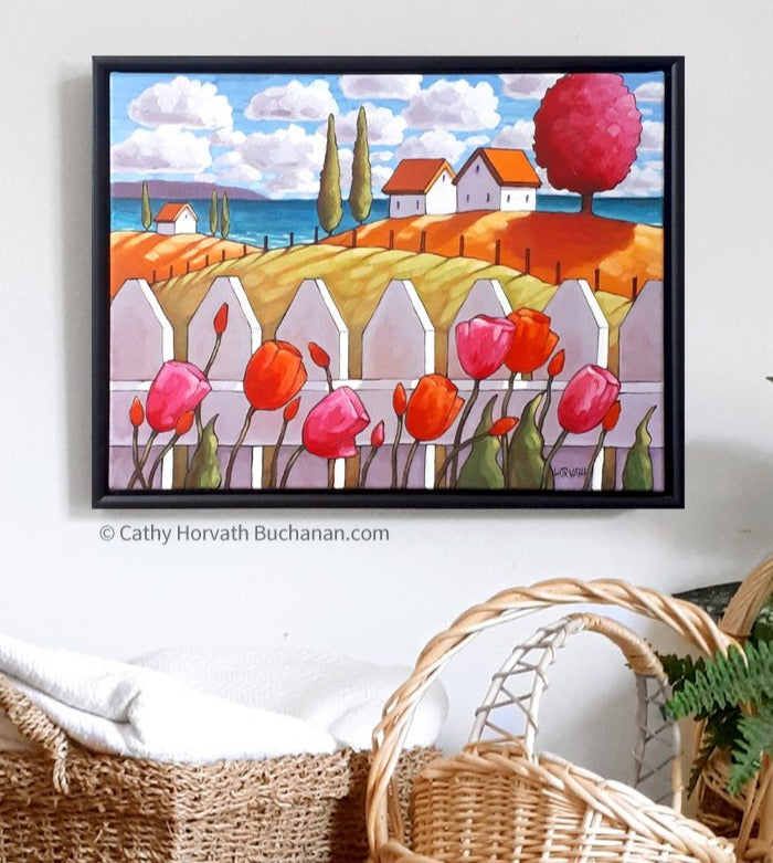 Seaside Tulips Fence Framed Original Painting, Coastal 14x18 by artist Cathy Horvath Buchanan