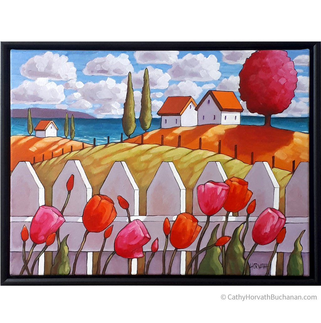 Seaside Tulips Fence Framed Original Painting, Coastal 14x18 by artist Cathy Horvath Buchanan