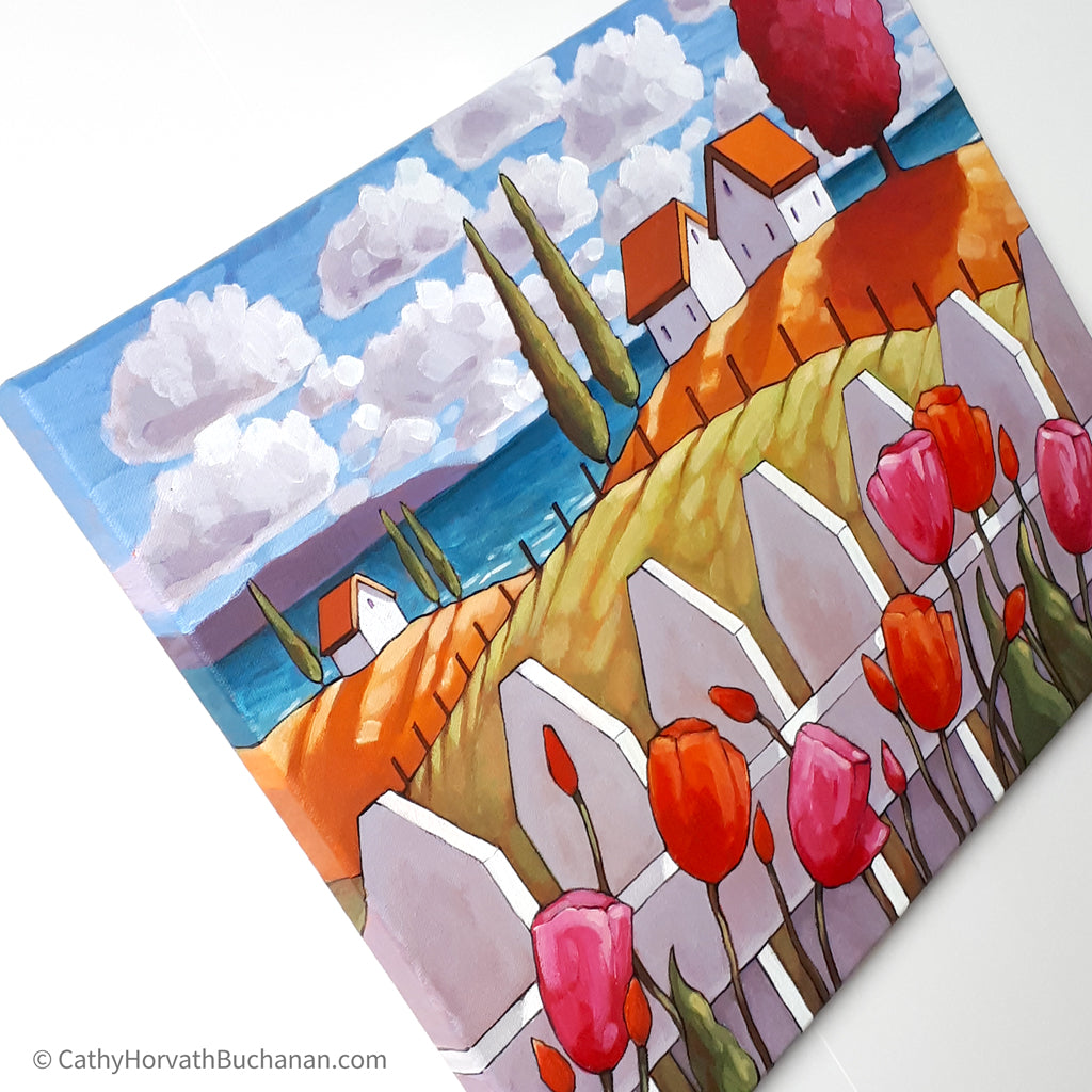Seaside Tulips Fence Framed Original Painting, Coastal 14x18 by artist Cathy Horvath Buchanan