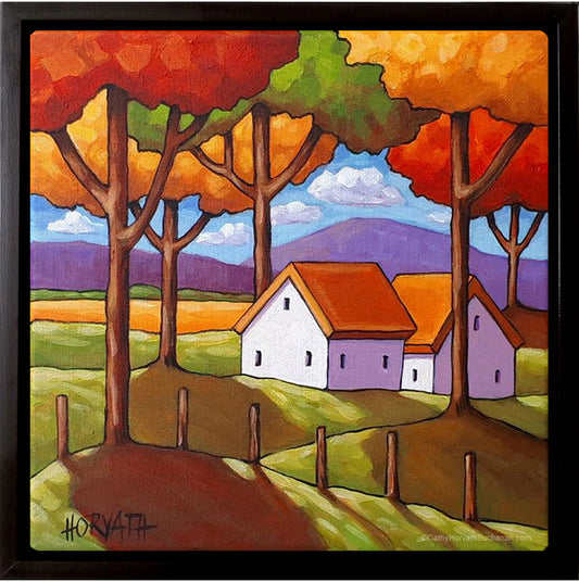 Two Cottages Colorful Trees Framed Original Painting, Scenic Landscape 10x10