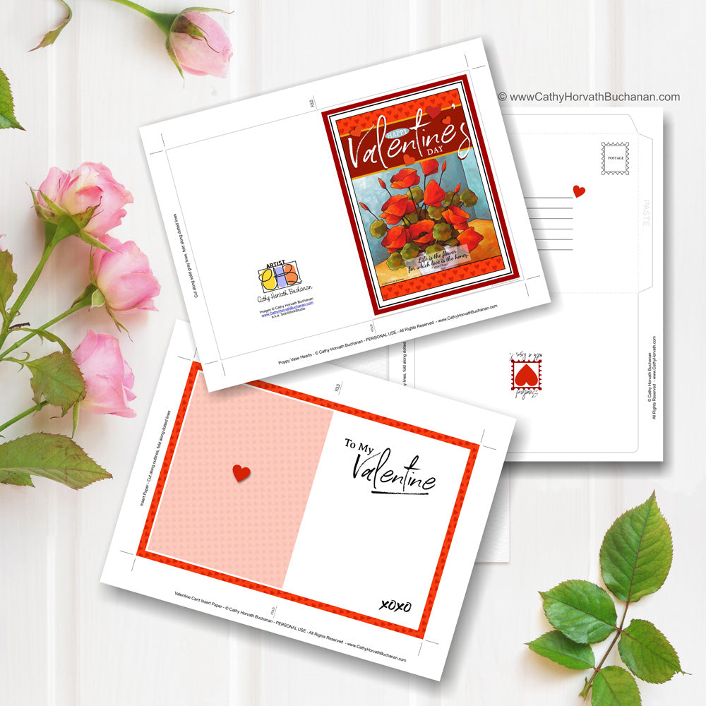 Valentine Flowers Printable Card Kit, w insert paper + envelope, PDF Instant Download