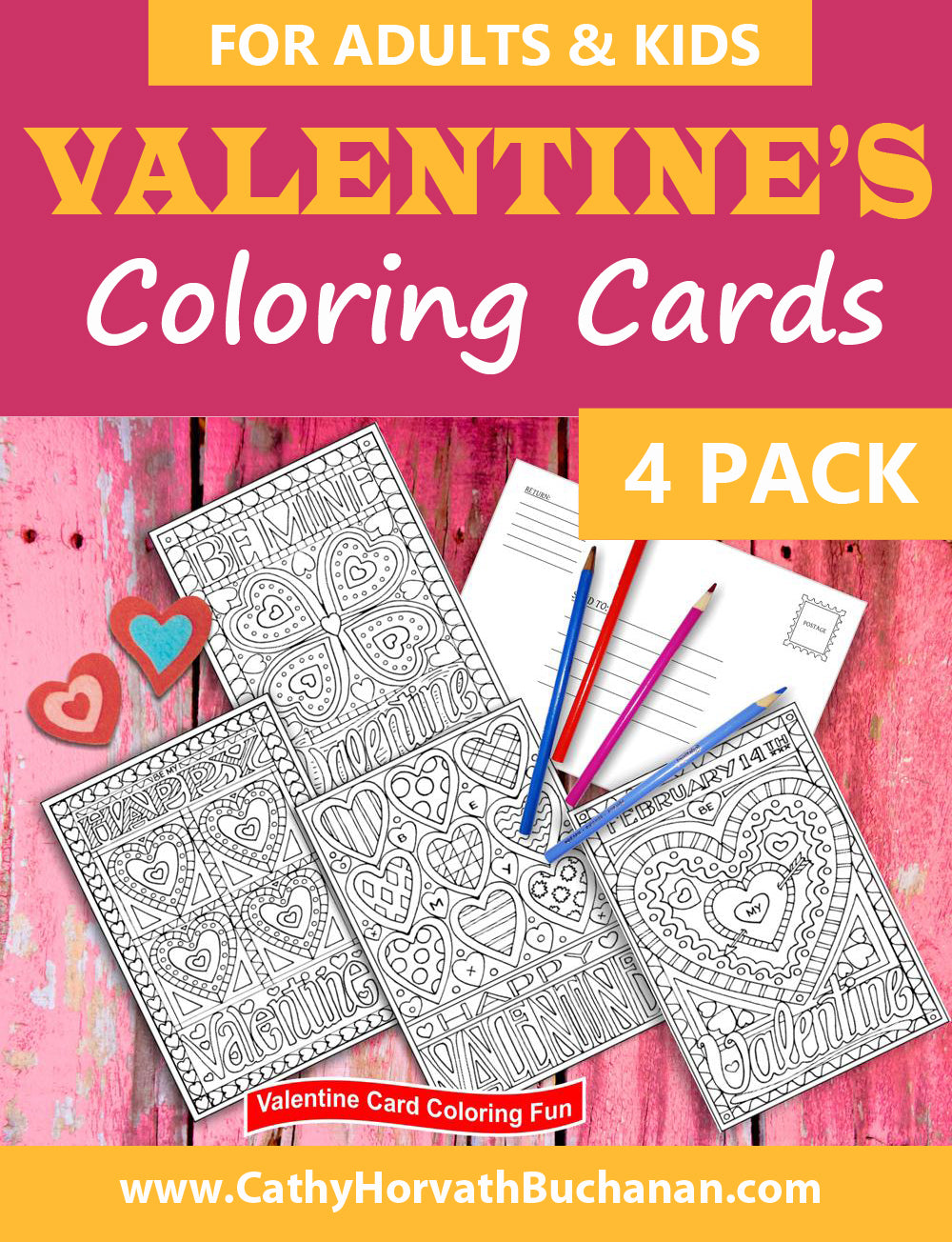Valentine 4 pack Coloring Card Kit + Envelope, Instant Printable PDF by Cathy Horvath Buchanan