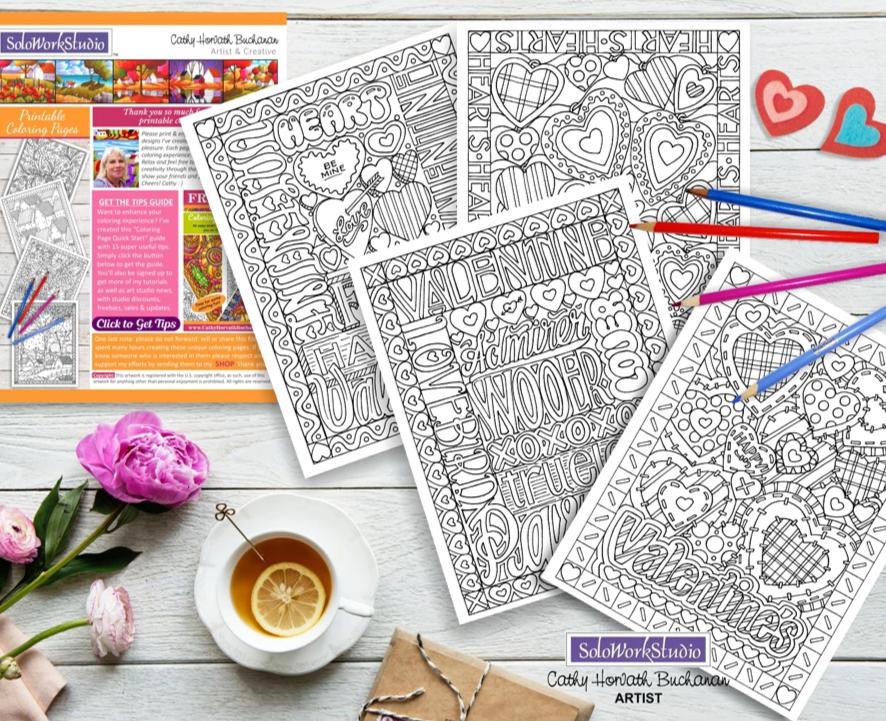 Valentine 4 pack Coloring Pages, Romantic PDF Instant Printable Download Cathy Horvath Buchanan