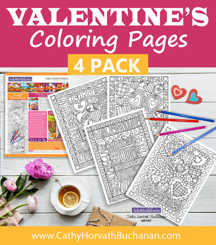 Valentine 4 pack Coloring Pages, Romantic PDF Instant Printable Download Cathy Horvath Buchanan